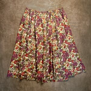 Vintage 90s Handmade Floral Satin Midi Skirt Multicolor Elastic Waist Boho Retro
